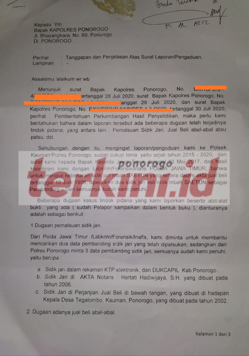 Polres Ponorogo Terus Proses Laporan Dugaan Pemalsuan Surat Jual Beli Tanah
